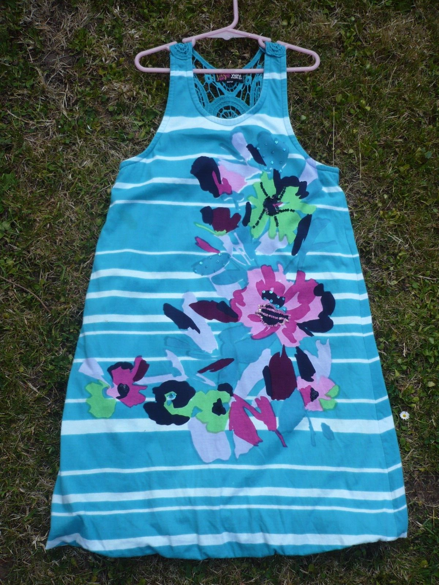 Girls Yumi Summer Dress Turquoise White Floral Crochet Stripe