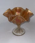 Vintage Carnival Glass Peacock Tail Ruffled Edge Compote - Fenton Marigold