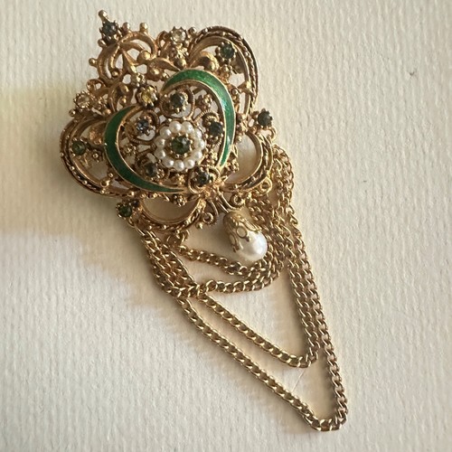 Vintage Florenza Gold Tone Blue Rhinestone Pearl Costume Brooch Lapel Pin Crown - Picture 9 of 10