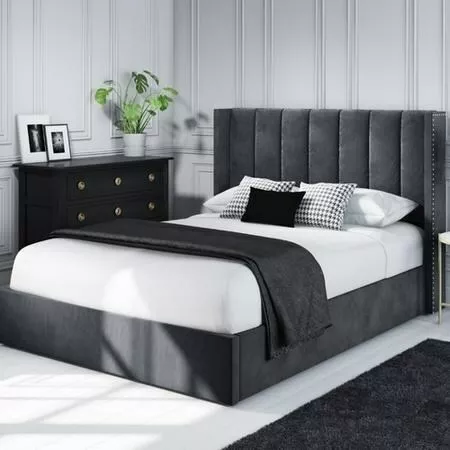 Maddox Wing Back Double Ottoman Bed in Grey Velvet
