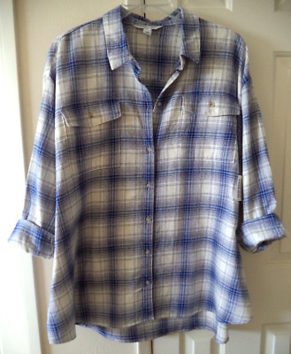 Navy Blue Lt Blue Off White Plaid Cotton Pocket Flannel Buttondwn Shirt 4XL 4X