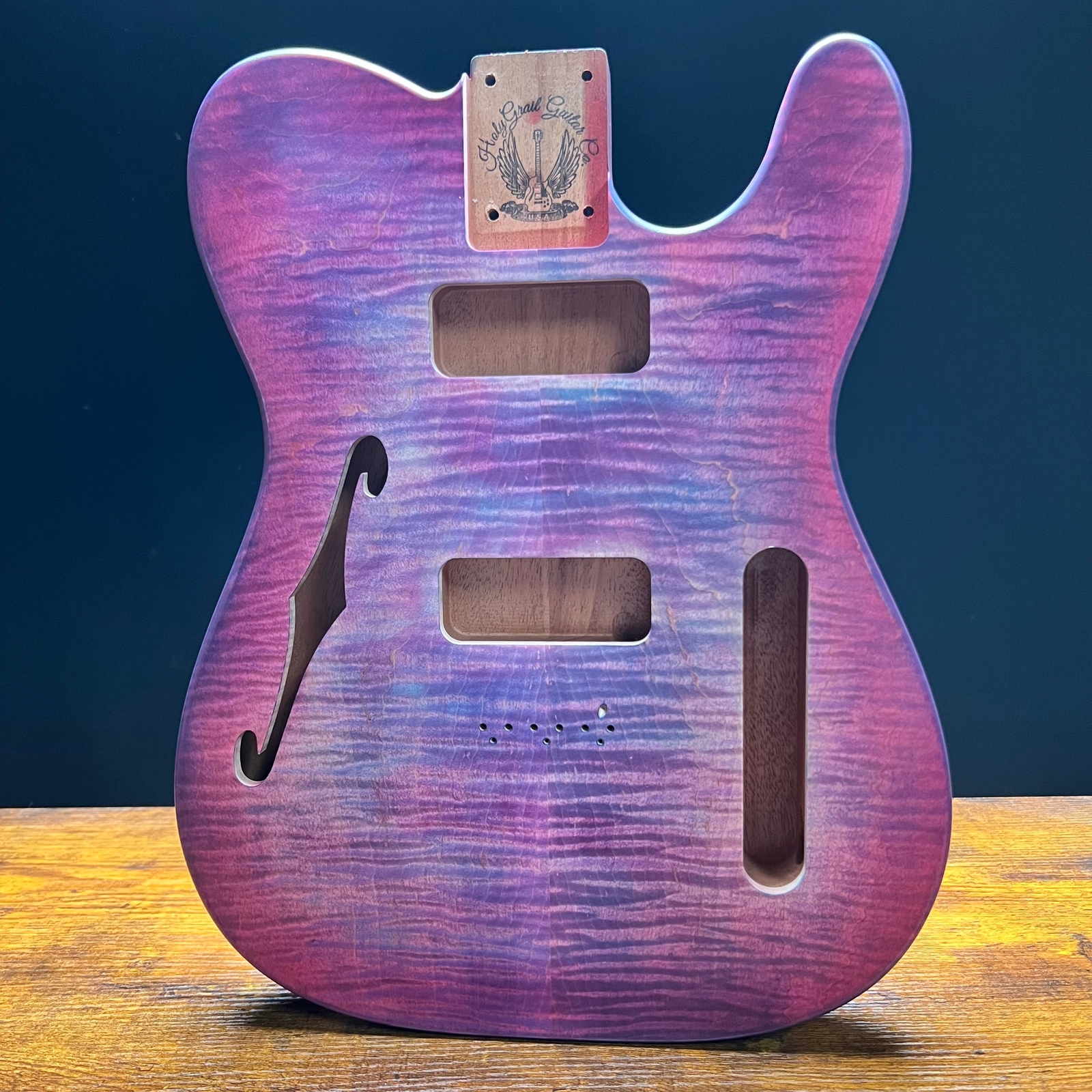 Holy Grail Guitars Tele Style Guitar Body “Purple Flames”Flamed Maple p90
