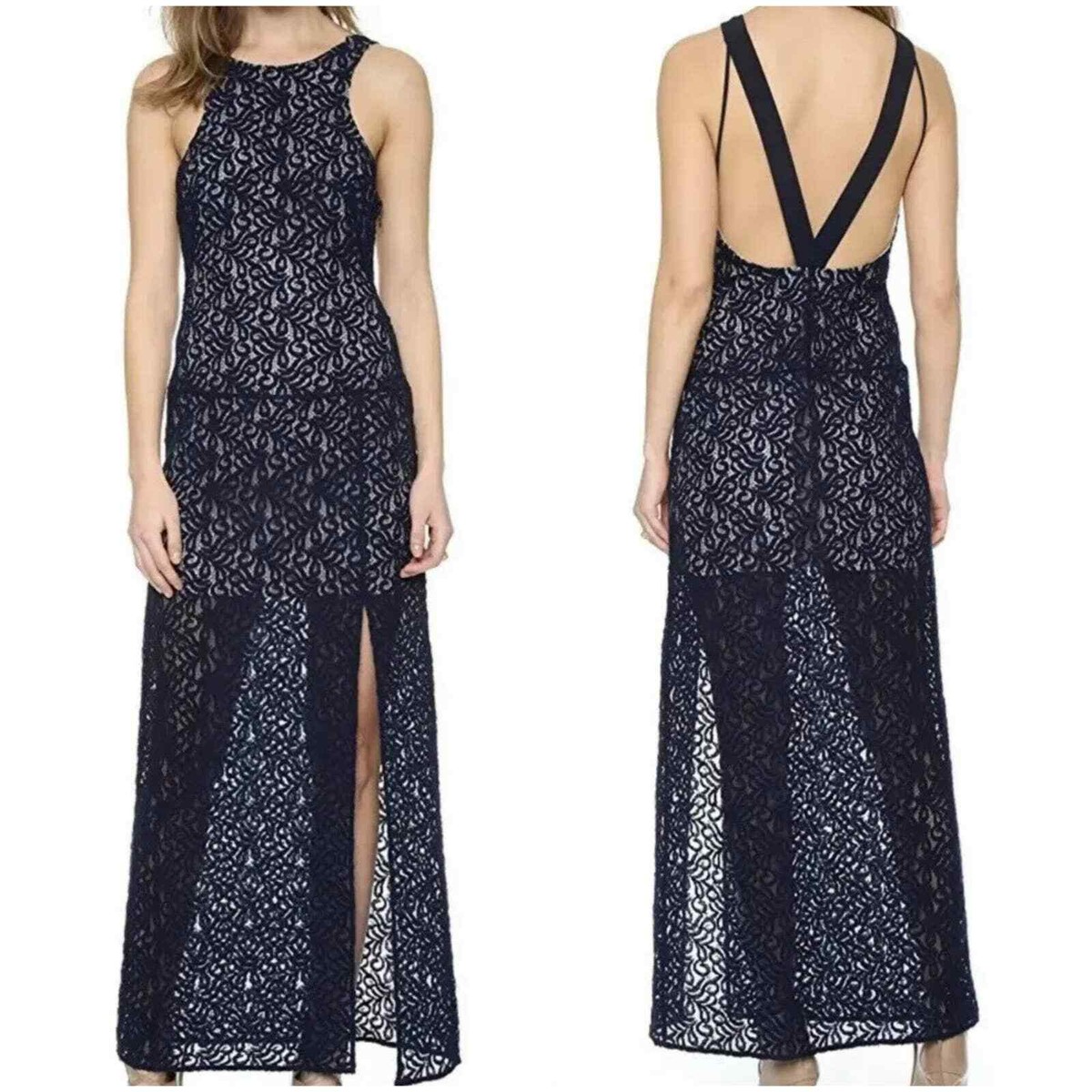 Free People Blue lace overlay formal Maxi dress high neck open back gown eBay