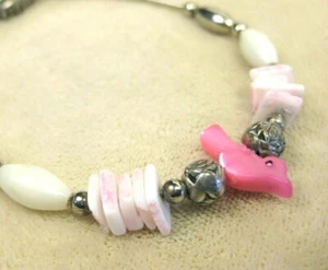 Vintage Sterling Silver Handmade Rose Bird Pink Mother of Peal Beaded Bracelet