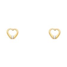 Real 14k Yellow Gold Solitaire CZ Heart Screw Back Stud Earrings Women Girls Kid