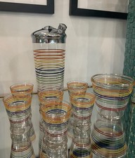 Mid Century Vintage Cocktail Set | 1940s Hazel-Atlas MCM | Hand Painted Striped 