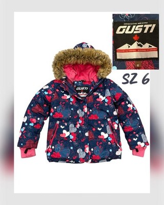 Girls GUSTI Snow Jacket   Size 6   Winter Coat pink / blue heart print Puffer