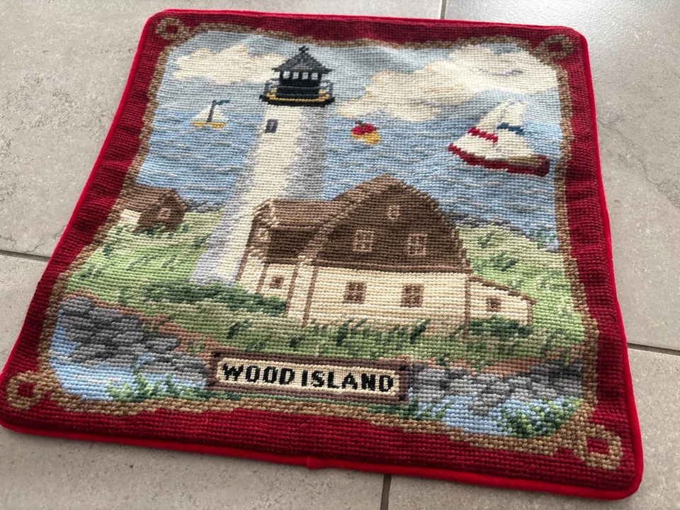 NUEVA Funda de Almohada de Lana Punta de Aguja Isla de Madera Roja Faro Maine 14"x14" Foto 2 de 3