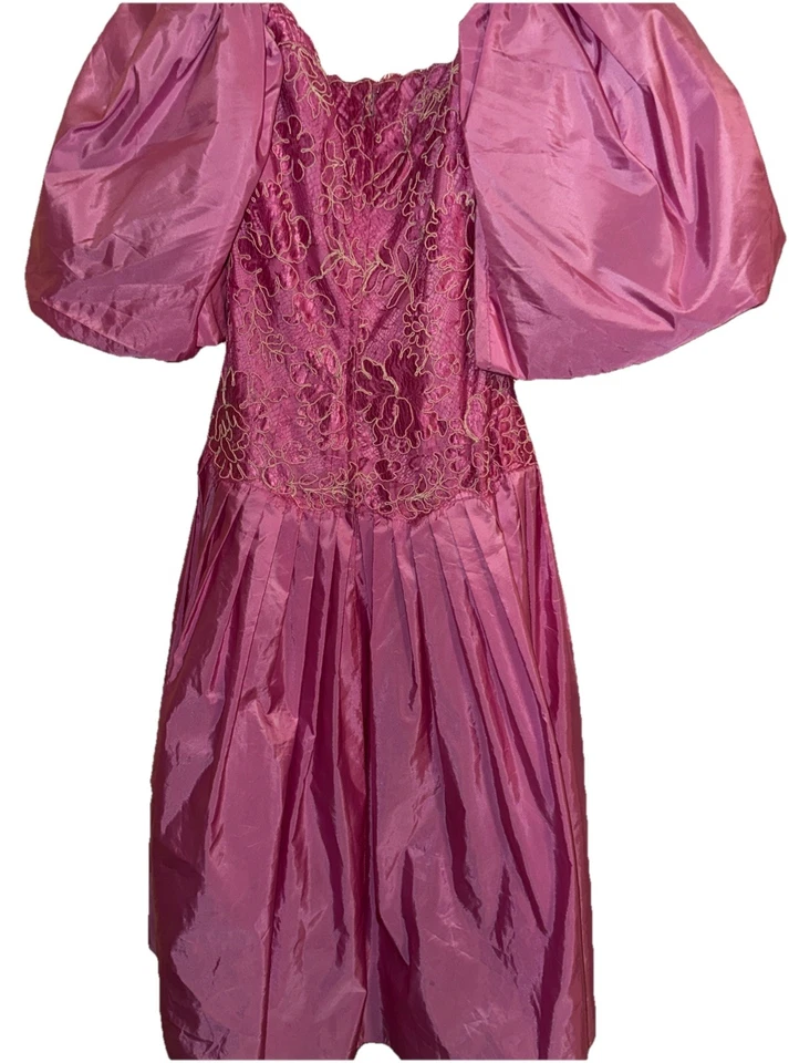 Vestido Formal Vintage Años 80 Victor Costa Rosa Tafetán Manga Caída Cintura Foto 4 de 4