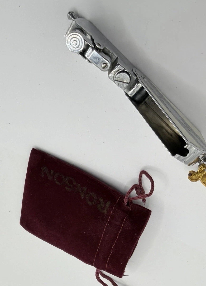 Rare Vintage Ronson V Petrol Lighter Cream Enamel Working w/ Pouch Art Deco