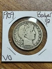 1909 P Barber Silver Half Dollar Very Good VG U.S. 50c Type Coin (Raw16866)