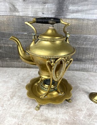 Vintage Ornate Brass Tilting Teapot on Stand w/ Burner SS & Co. READ
