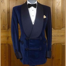 Men's Blue Velvet Quilted Smoking Blazer Wedding Party Wear Dinner Jacket
