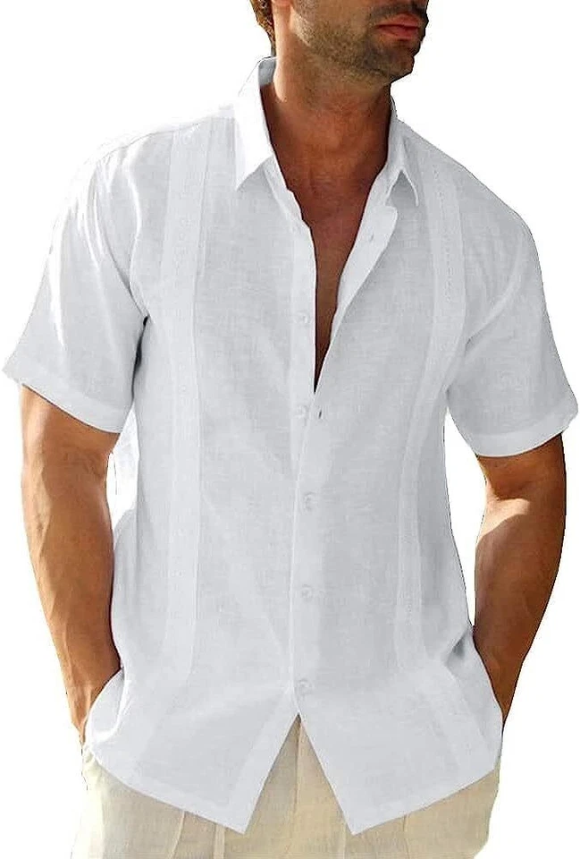 Винтажная мужская хлопковая льняная рубашка Guayabera с коротким рукавом кубинские топы на пуговицах, SML - Изображение 2 из 4