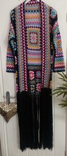 Handmade Multicolour Long Belted  Midi Fringe Kimono Jacket One Size 10-14