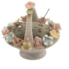Vintage Porcelain Floral Basket Pincushion With Pastel Flowers  Pins READ
