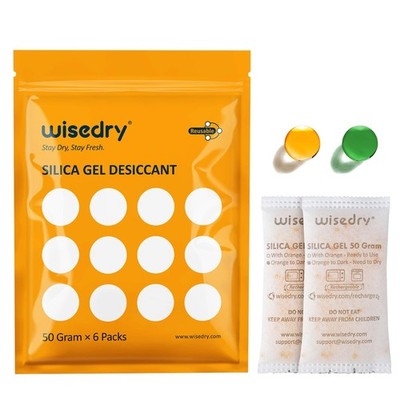 6 Pack 50 Gram Rechargeable Silica Gel Desiccant Packets, Orange to Green, Food