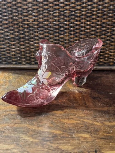 Fenton Pink Glass ~ Embossed Rose Pattern Hand Painted Shoe Signed -USA-