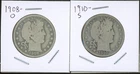 Lot of (2) Coins - 90% Silver Barber Half Dollars - 1908-O & 1910-S