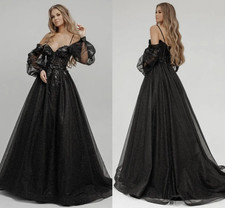 Gothic Style Wedding Dresses Off-Shoulder Black Gown with Sequins Tulle
