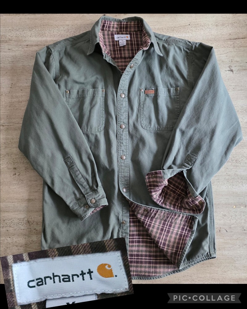 Carhartt Olive Flannel Lined Work Jacket Snap Up Cotton Sz M