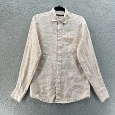 Saks Fifth Avenue Reverse Print  Shirt Men Small White Brown Floral 100% Linen
