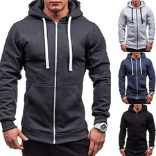 Solid Color Men Hoodie Zipper Casual Coat Sports Fitness Jacket for Daily Use