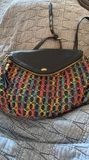 Vintage Multicolor Woven Handbag with Black Leather Accents