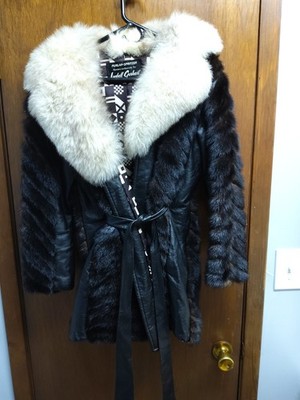 Vintage Black Mink Fur Coat with Oversized Fox Collar   Belted Luxury Glam Coat