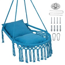 Navy Boho Macrame Hanging Swing Chair with 2 Padded Cushions, 330lbs Capacity Ha