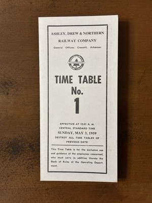 1959 Ashley Drew & Northern AD&N Railroad Arkansas Mitarbeiter Fahrplan Nr. 1