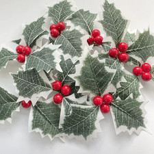 10/50pcs Artificial Holly Berries With Green Leaves DIY Christmas New Year Decor