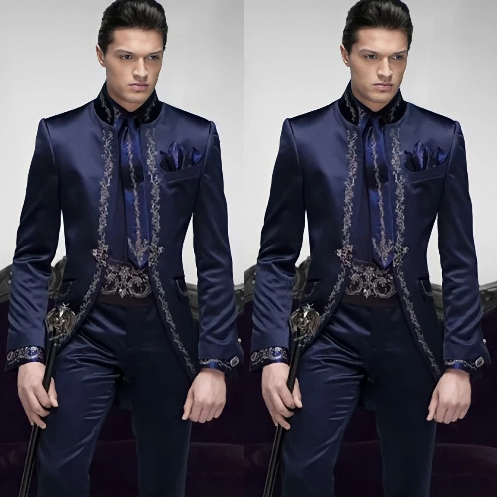 Navy Blue Satin Men Suit British Wedding Party Dinner Banquet Prom Gold Applique