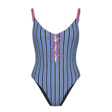 Victoria's Secret PINK Front-Tie One-Piece Swimsuit S Blue Stripe NEW