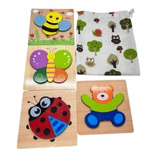 Set Of 4 Wooden Puzzle Vibrant Color Shapes Educational Baby Animal Bugs  Bag