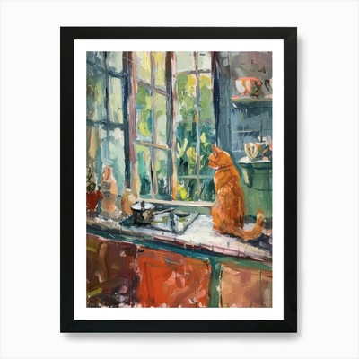 Orange Katze in der Küche Kunstdruck gerahmt Wandbild Poster Leinwanddruck Bild