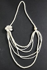 Faux Pearl Necklace Statement Multi Strand Flower Pendant - 28 inch Length