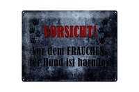 Blechschild Hinweis 40X30 Cm Vorsicht Frau Hund Harmlos Deko Schild