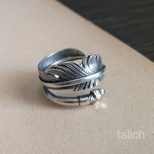 925 Sterling Silver Detailed Feather Flint Arrowhead Wrap Ring Adjustable Unique