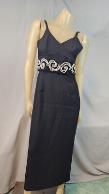 Elli Rammos Black w Waves Slvlss V Neck Contour Long Evening Dress LARGE USED