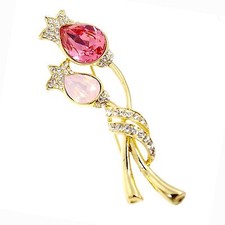 Luxury Pink Rose Crystal Spring Tulip Bud Flower Pin Brooch 14k GP Bridal Jewelr