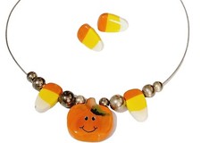 Vintage Halloween Necklace Pierced Earrings Jewelry Set Pumpkin Candy Corn h-15