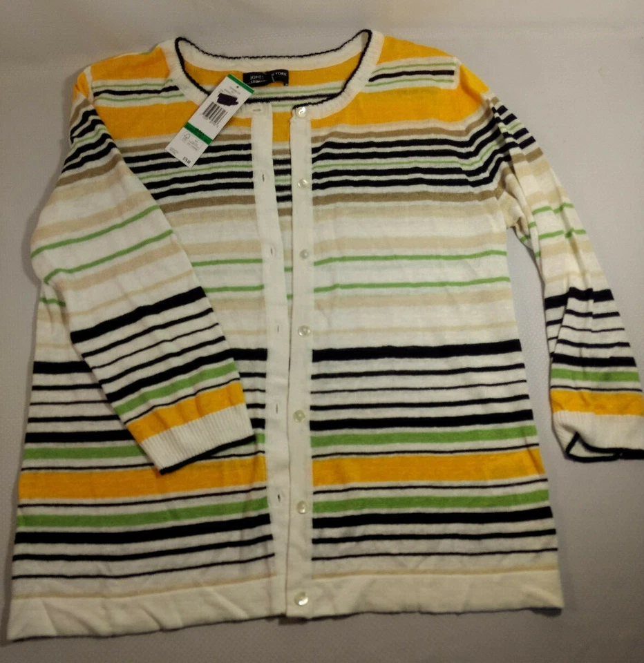 Conjunto de camiseta sin mangas y suéter a rayas Jones New York para mujer blanco amarillo negro talla L Foto 3 de 4