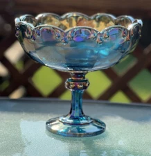 Indiana Blue Carnival Glass Dish Compote Teardrop Garland Vintage