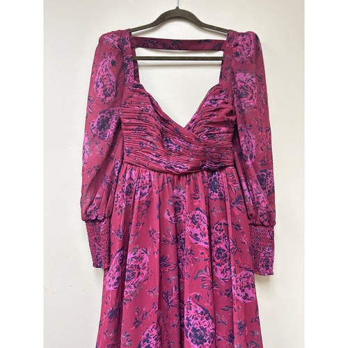 Abito midi Badgley Mischka viola floreale chiffon vacanza schiena aperta taglia 4 - Foto 5 di 14