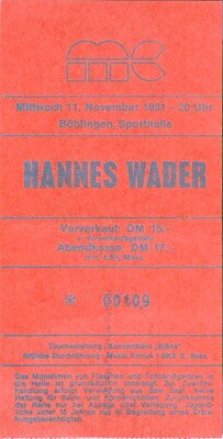 Hannes Wader | Tour 1981 | Böblingen || Konzertkarte Concert Ticket