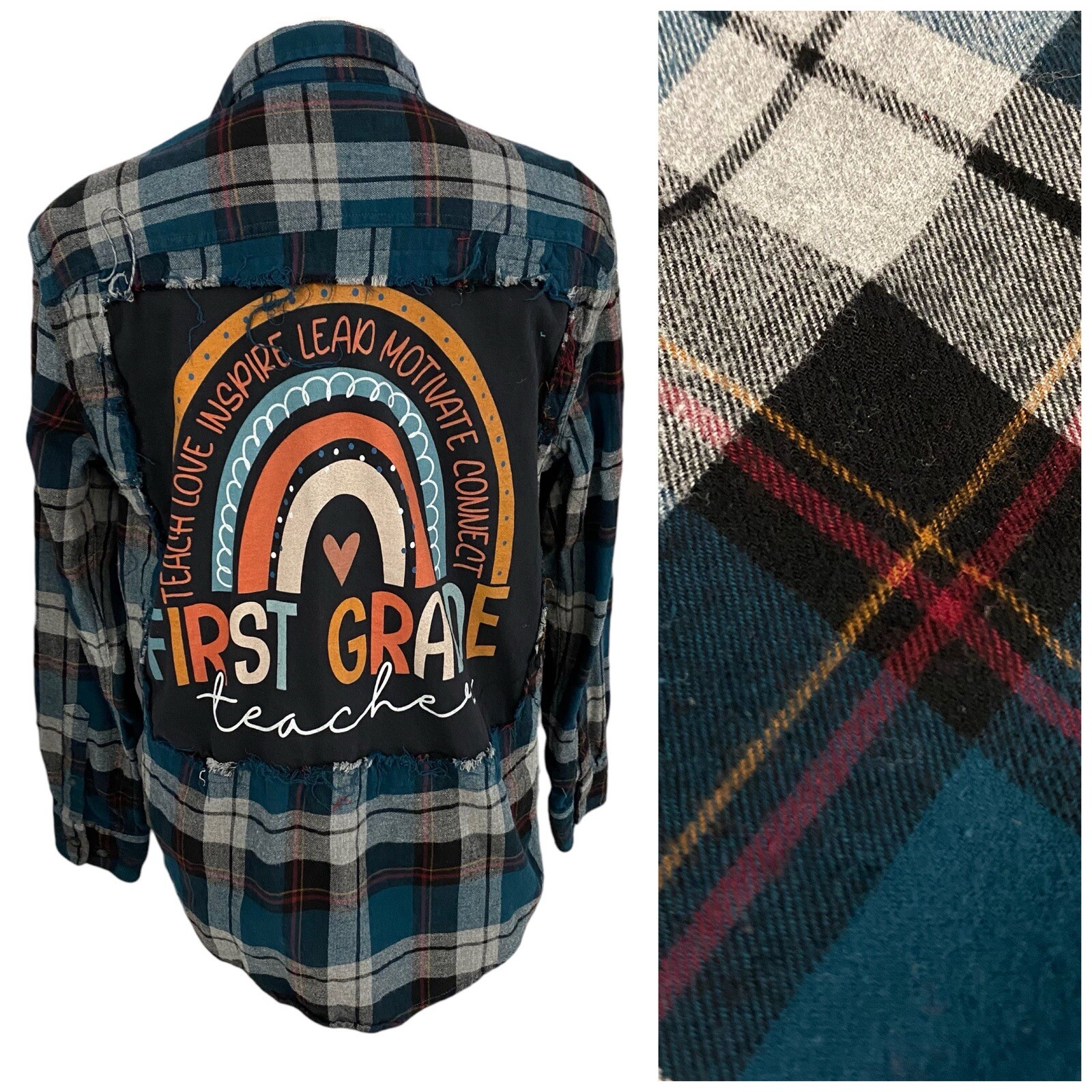 Upcycled Women’s Large Flannel Shacket in Grunge Plaid Style Perfect for 1st Grade Teachers-image