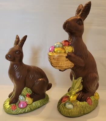 2pc Lot Easter Faux Chocolate Bunny Rabbit Holding Basket Eggs Figures