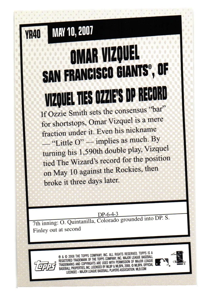 2008 Topps #YR40 Omar Vizquel San Francisco Giants - Image 2 of 2