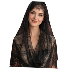 Catholic Mantilla Veil for Church  Latin Mass, Floral Lace Head A-black